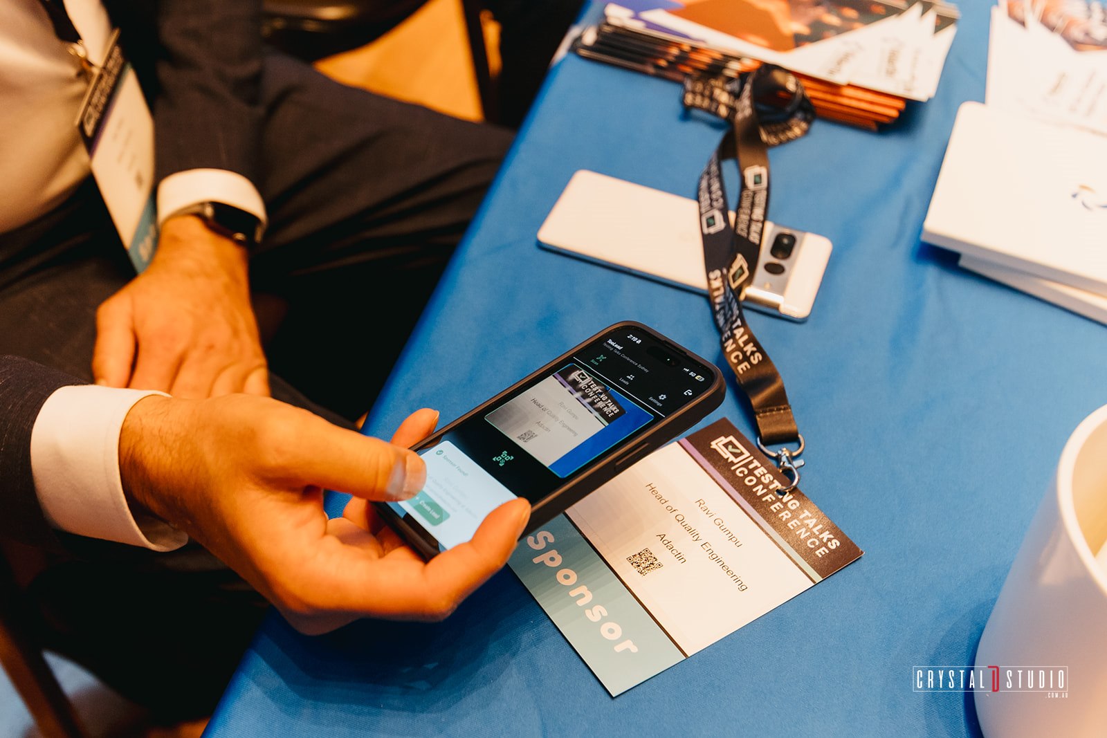 Sponsor scanning an attendee badge QR code with TeeLead